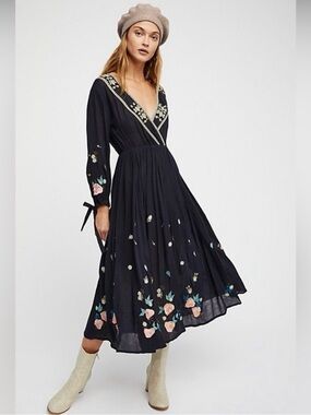 Free People Black Midi Dress with Pink & Blue Floral Embroidery